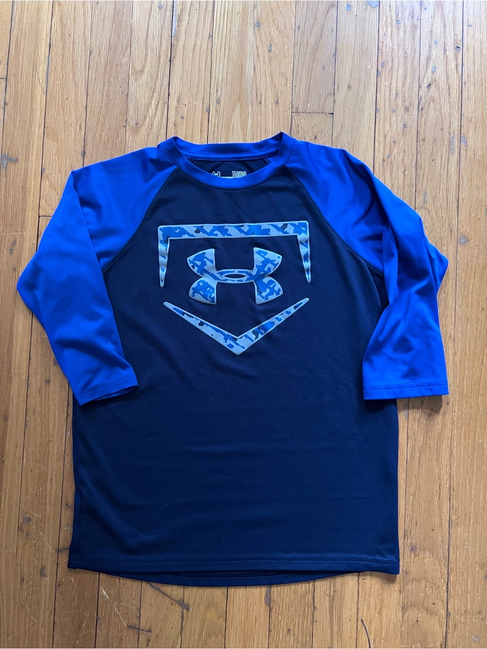 Youth Under Armour Navy Royal Blue Raglan Logo 3/4 Sleeve BaseballShirt Size YL